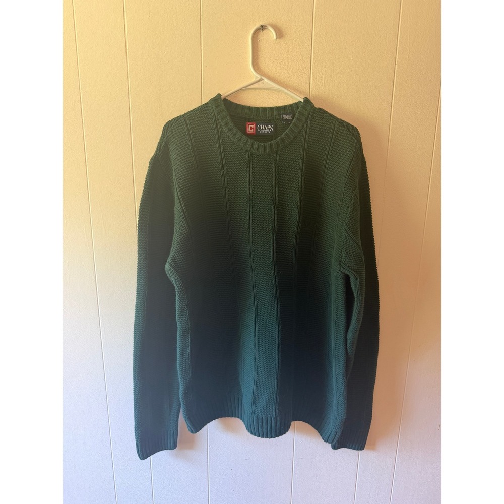 Chaps Mens Forest Green Cotton Cable Knit Crewneck Sweater Large Pullover